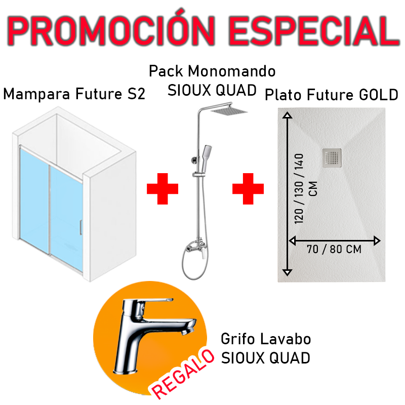 PACK RENOVE BAÑO FRONTAL | Mampara Future S2 + Pack Grifería SIOUX QUAD + Plato Ducha Future GOLD + (REGALO) Grifo Lavabo SIOUX