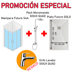 PACK RENOVE BAÑO ANGULAR | Mampara Future S4A + Pack Grifería SIOUX QUAD + Plato Ducha Future GOLD + (REGALO) Grifo Lavabo SIOUX